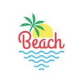 Beach logo with palm tree, sun and sea or ocean. Tropical T-shirt typography design. Apparel graphic. Vector illustration Royalty Free Stock Photo